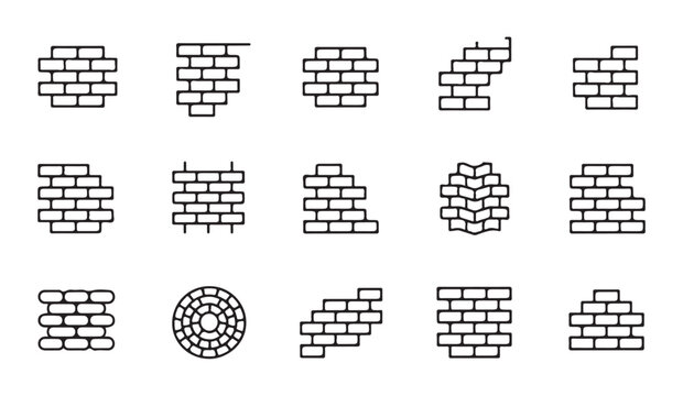 Brick wall texture icons set showing various stone masonry styles and construction material building patterns.