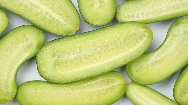 Top view of halved mini Dutch cucumbers on a white plate slowly rotating.