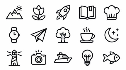 Minimalist black line icons set for various themes. © Faiz