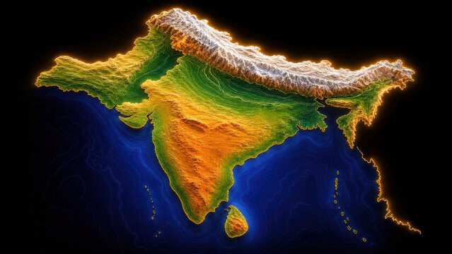 Topographic relief map of india showing mountain ranges and coastlines on a dark generated using ai