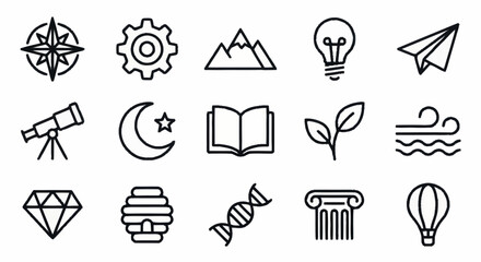 Collection of minimalistic line art icons for various themes. © Faiz