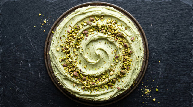 Green pistachio hummus dip in rustic bowl.
