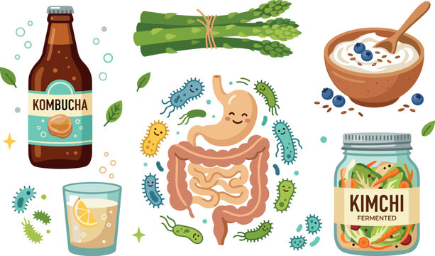 Gut Health Probiotics and Prebiotics Vector Set Featuring Kombucha Bottle Kimchi Jar Yogurt Bowl Asparagus and Cute Happy Digestion System CharactersGut Health Probiotics and Prebiotics Vector Set Fea