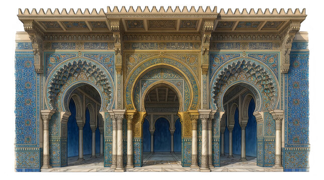 Ornate blue and gold mosque facade with arches