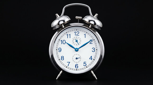 Silver vintage alarm clock on dark background.