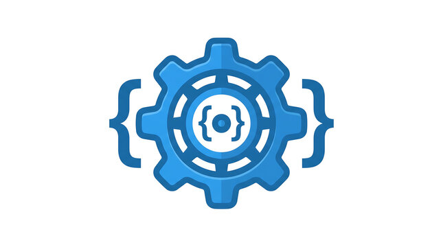 Modern Blue Gear Cogwheel with Coding Braces Symbol for Software Engineering and Automation