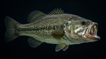 Fototapeta premium Largemouth bass fish isolated on black background.