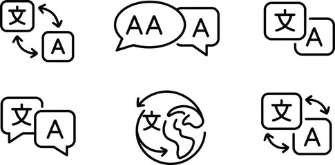 Translation icon featuring language conversion, foreign language interpretation, multilingual communication, and global localization symbols, vector illustration. © Ali Vector