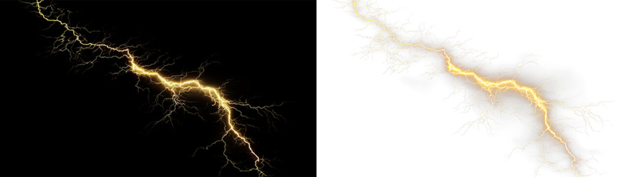Lightning bolt strikes from clouds with electrical energy during a storm on a transparent background