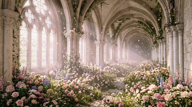 Enchanted Garden Corridor: A magical corridor within a gothic-style building, adorned with an abundance of blooming flowers, bathed in ethereal light and filled with sparkling particles.