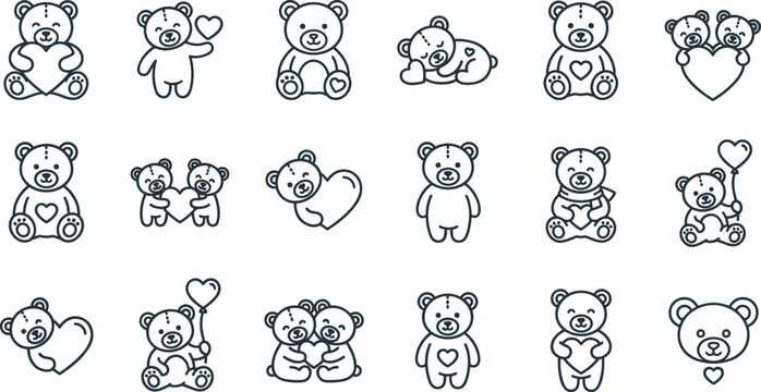 Cute Teddy Bear Character Collection with Hearts, Love, Hugging, and Adorable Cartoon Plush Toy Vector Illustration Set for Kids Designs