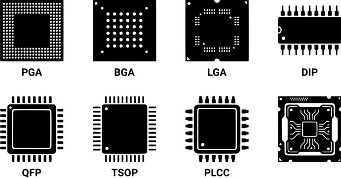 Integrated circuit chip icon set in a flat black silhouette style including pga, bga, lga, dip, qfp, tsop and plcc computer hardware components.