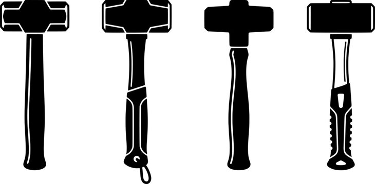 Sledgehammer icon set in a flat black silhouette style including various heavy duty construction mallets, striking tools and demolition equipment.