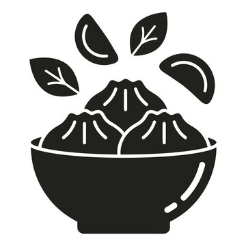 Black and white illustration of dumplings in a bowl with leaves  Asian food icon