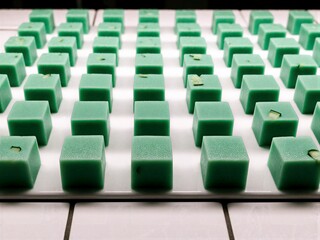 Obraz premium Small green cubes arranged in grid on white tiled surface