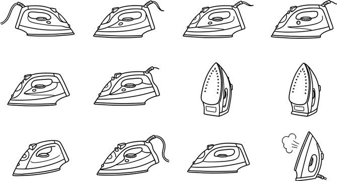 Clothes iron icon set in a line art style including household appliance, steaming equipment and domestic laundry tools.