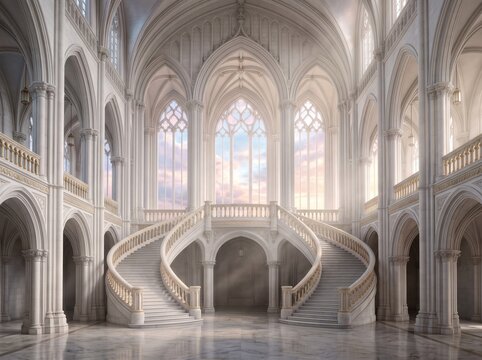 Grand Ballroom of Celestial Light: A majestic, ornate ballroom with sweeping marble staircases, high arched windows, and grand columns, illuminated by the soft.