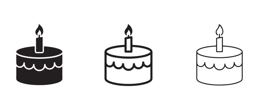 birthday cake candle icons with different line styles  simple line drawings of cakes with single wick candles on top