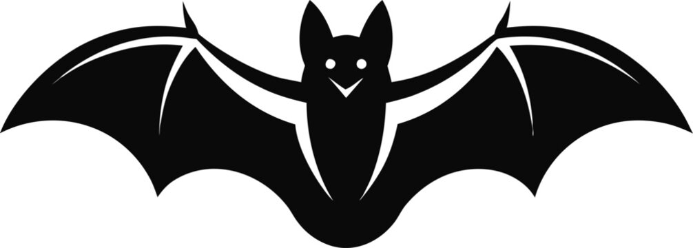 Minimalist black and white flying bat icon with bold silhouette and clean negative space. Flat editable vector isolated on a white background. Suitable for Halloween, spooky themes, UI, web, mobile ap