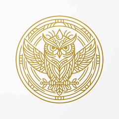 Obraz premium Intricate gold owl emblem in circle badge.