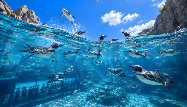 水族館の大水槽で泳ぐペンギンの群れ