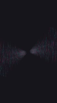 Vertical composition of glowing teal and magenta particles converging in a cosmic tunnel loop designed for music visualization and immersive mobile UI
