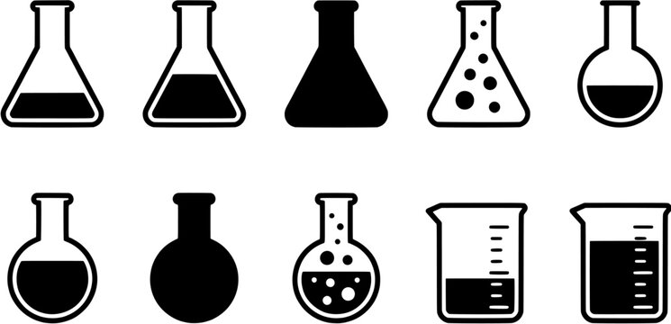 Laboratory glassware icon set in flat black silhouette style including erlenmeyer flasks, round bottom flasks and graduated beakers.