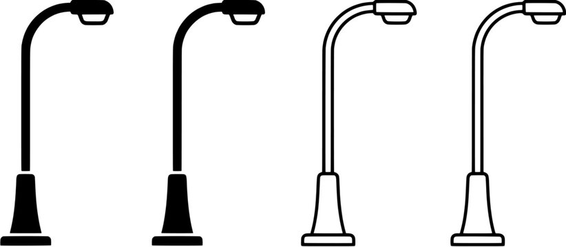 Street light icon set. Collection of outdoor lamp symbols in solid black and outline styles. Editable vector illustration on white background.