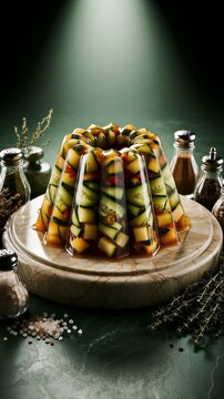 Vegetable aspic mold chilled on marble board with herbs
