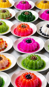 Colorful jelly desserts arranged on white plates display
