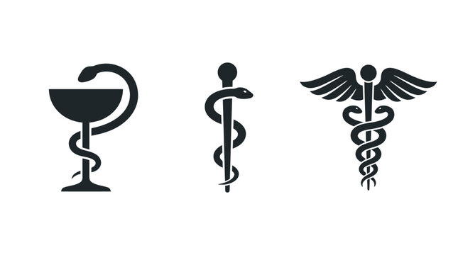 Three distinct medical symbols featuring the bowl of hygieia the rod of asclepius and the caduceus rendered as clean minimalist black silhouettes on a plain white isolated studio background surface