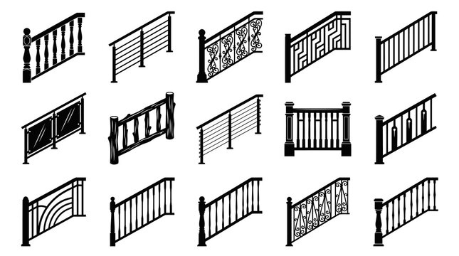Architecture Construction Stair Railings  Balustrades Black White Vector Silhouettes Icons Set.