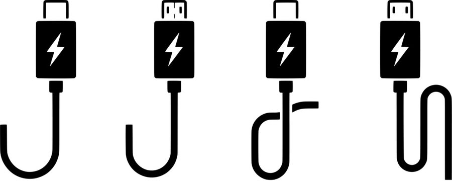 Charging cable icon set in a flat black silhouette style including type-c, micro-usb and lightning connectors.