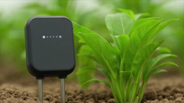 Sustainable agriculture sensor in soil near green seedling and plant, smart farm field monitoring growth, crop care, soil moisture, environmental control and green farm data for searchable SEO use