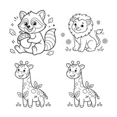 Obraz premium Cute baby animal characters for coloring book, vector black and white outline illustration set