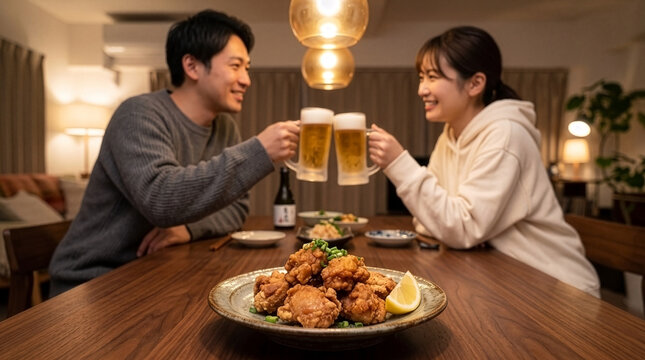 Cozy Friday Night Home Izakaya, Couple Toasting with Cold Beer and Karaage, Relaxing Weekend