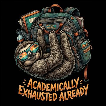 Humorous sloth wearing sunglasses hanging on a backpack with the text Academically Exhausted Already, funny back to school vector illustration optimized for print on demand apparel and merchandise