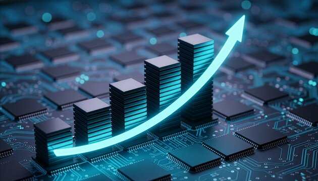 A glowing neon arrow rising over a bar graph on a futuristic circuit board, representing microchip technology growth, digital transformation, data analytics, and tech industry success