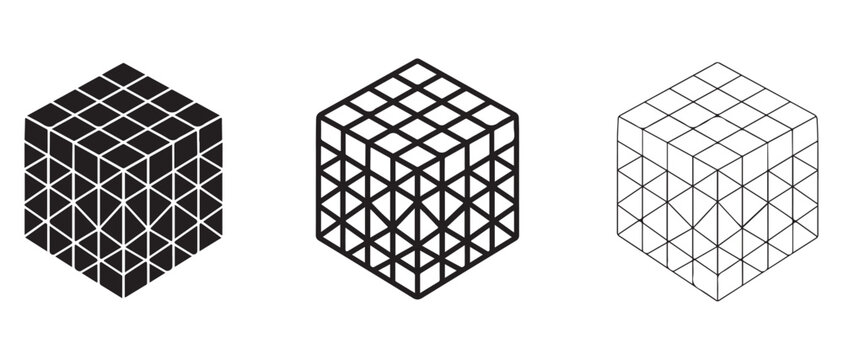 3D cubes with geometric triangular wireframe mesh on white background  various black and white geometric shapes