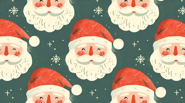 Vintage santa claus pattern with snowflakes on green background