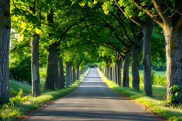 Fototapeta premium Serene tree-lined road in sunlit forest canopy