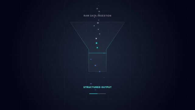 Digital data funnel visualization showing raw ingestion to structured output