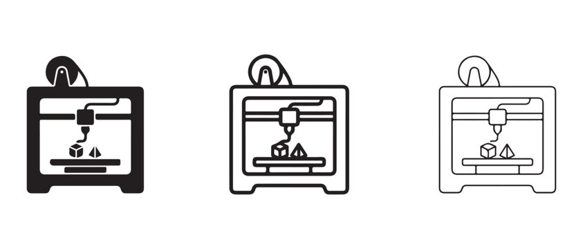 3D printer icons in different line styles for design and technology concepts  various printing technology symbols