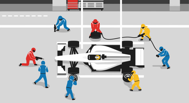 Formula 1 Pit Crew Team Refueling a Racing Car