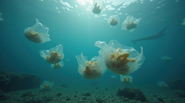 Bolsas de pl&aacute;stico a la deriva bajo el agua que parecen medusas; animales marinos esquivando desechos