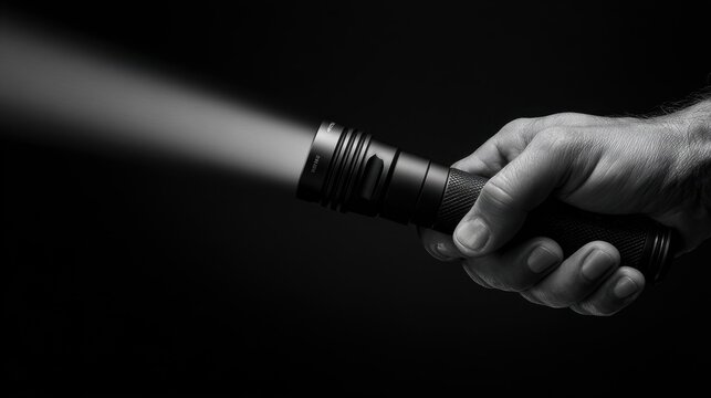 Close-up of a male hand gripping a matte black flashlight with a wide beam against a solid black background