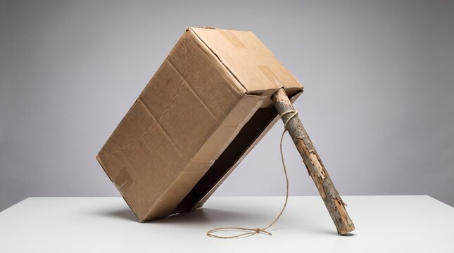 A simple homemade mouse trap constructed from a cardboard box, a stick, and twine. The trap is propped open, ready to catch small rodents