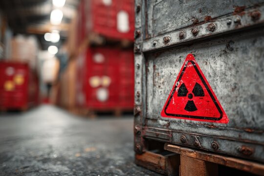 Close-up of a red warning placard indicating explosive hazard on a metal crate in an industrial setting