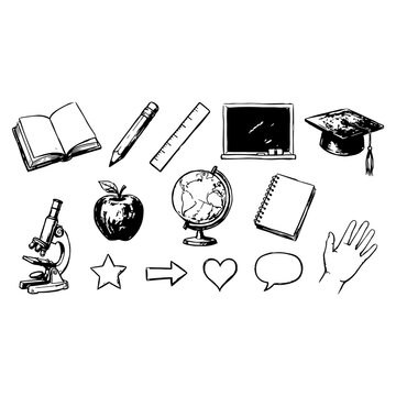 Hand drawn school supplies and education symbols, chalk style on transparent background.