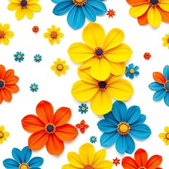Obraz premium Floral patterns in bright yellow, blue, and red on a white background, resembling a modern abstract art piece, wallpaper, flat design